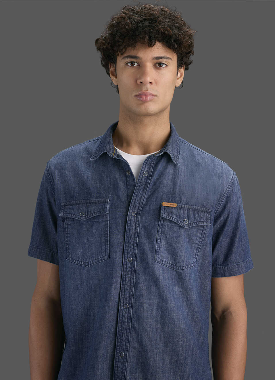 Men Dark Blue Short Sleeve Denim Shirt, , large image number 4