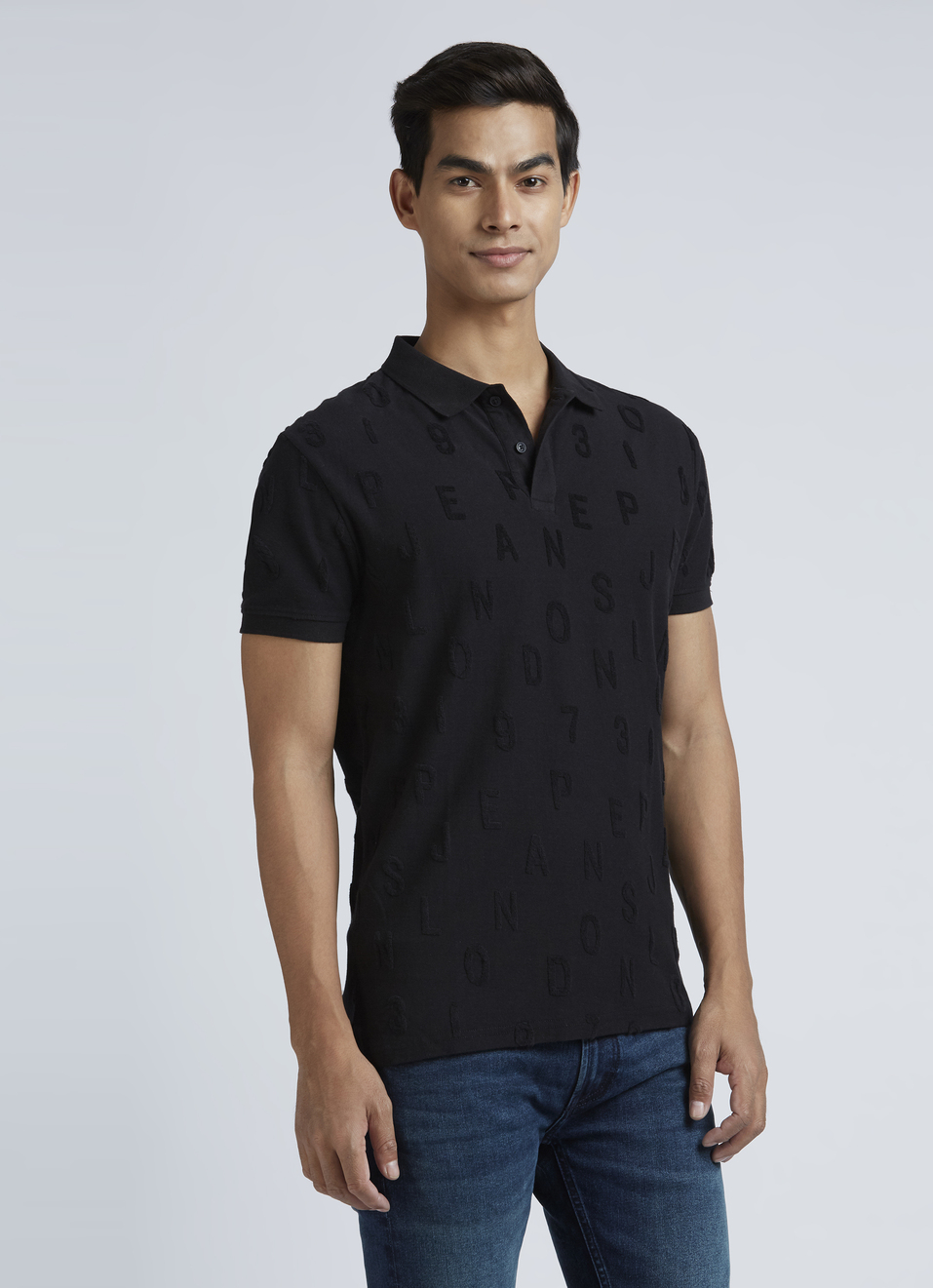 Black Typographic Print Short Sleeve Polo, , large image number 3