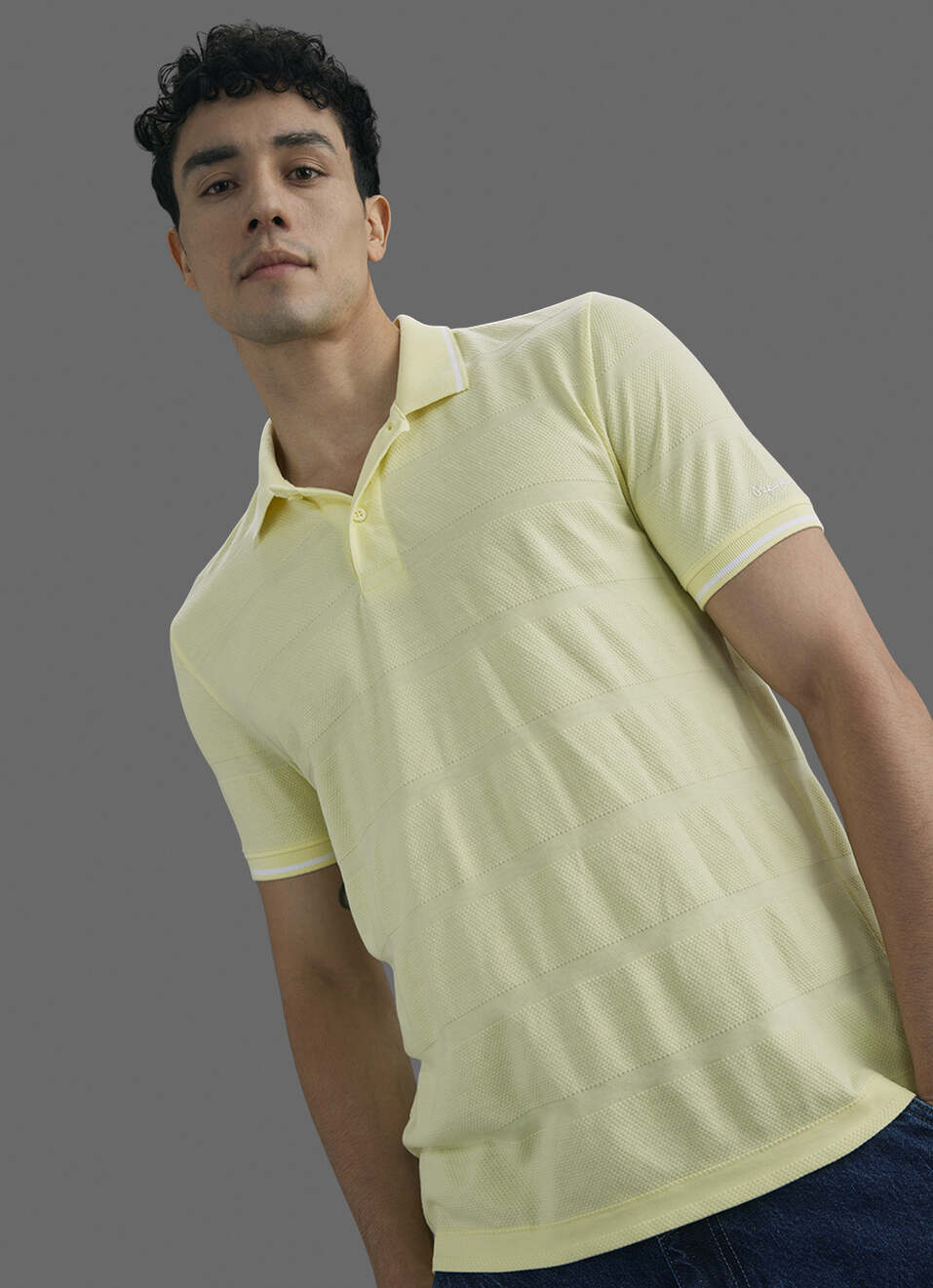 Men Yellow Striped Polo Collar T-shirt, , large image number 0