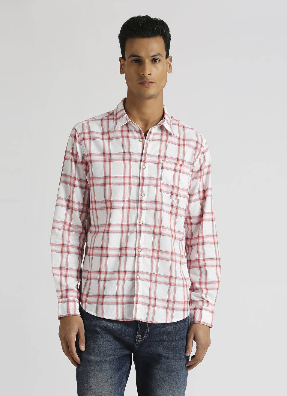 Peach Yarn Dyed Checks Long Sleeve Shirt, , large image number 1