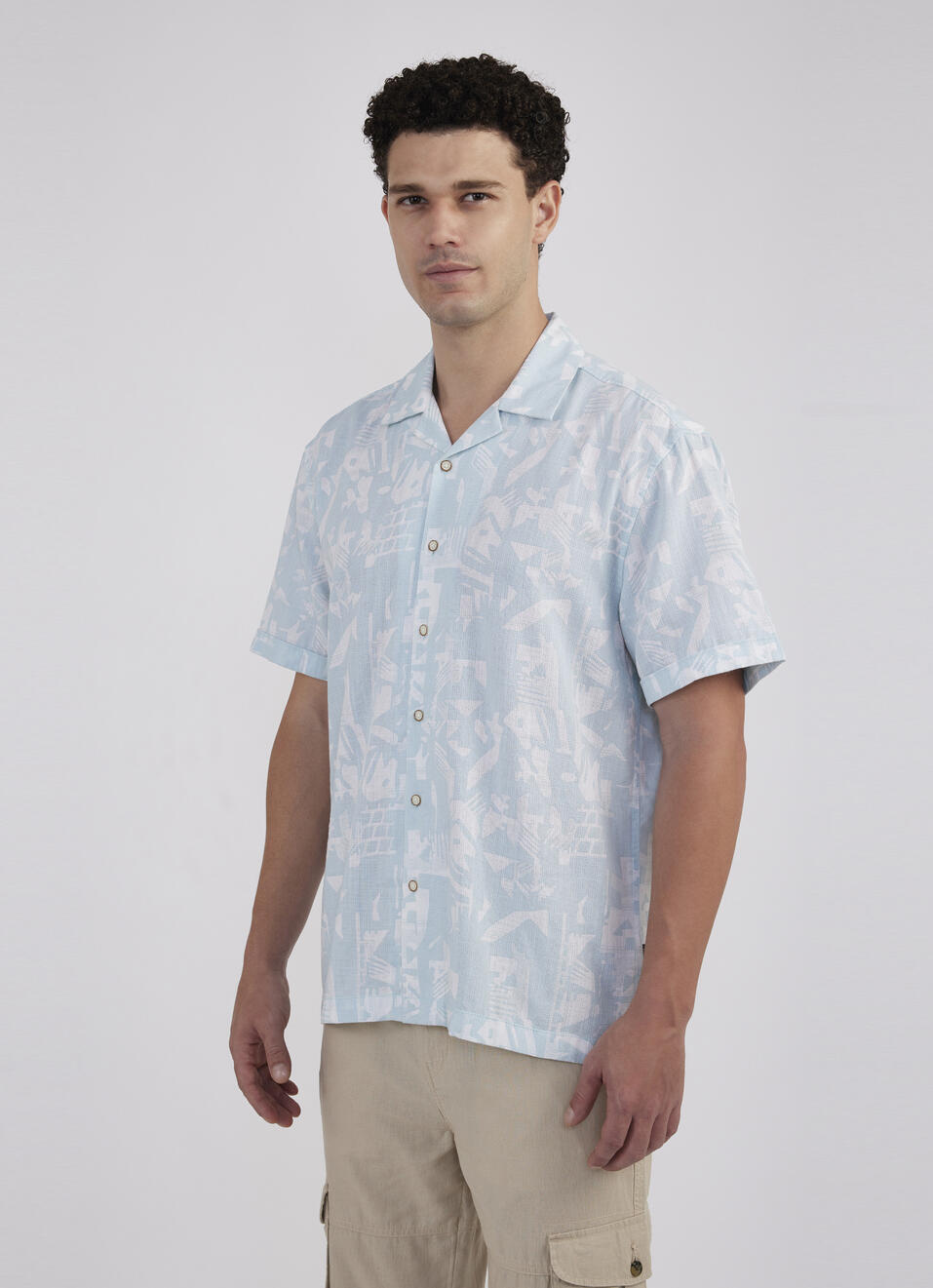 Men Blue Resort Collar Abstract Print Short Sleeve Shirt, , large image number 3
