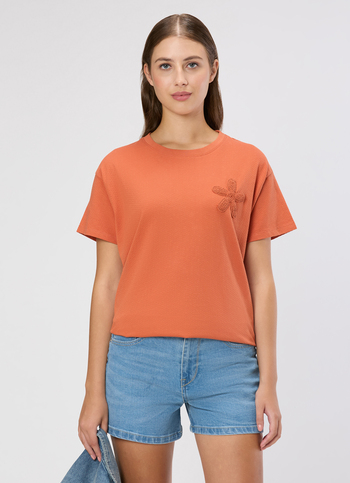 Women Orange Crochet Patch T-shirt