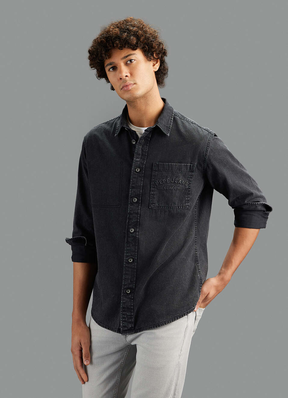 Men Black Solid Regular Fit Denim Shirt, , large image number 7