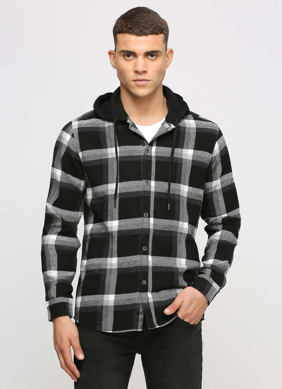 Black Checks Long Sleeve Hooded Shirt, , large image number 1