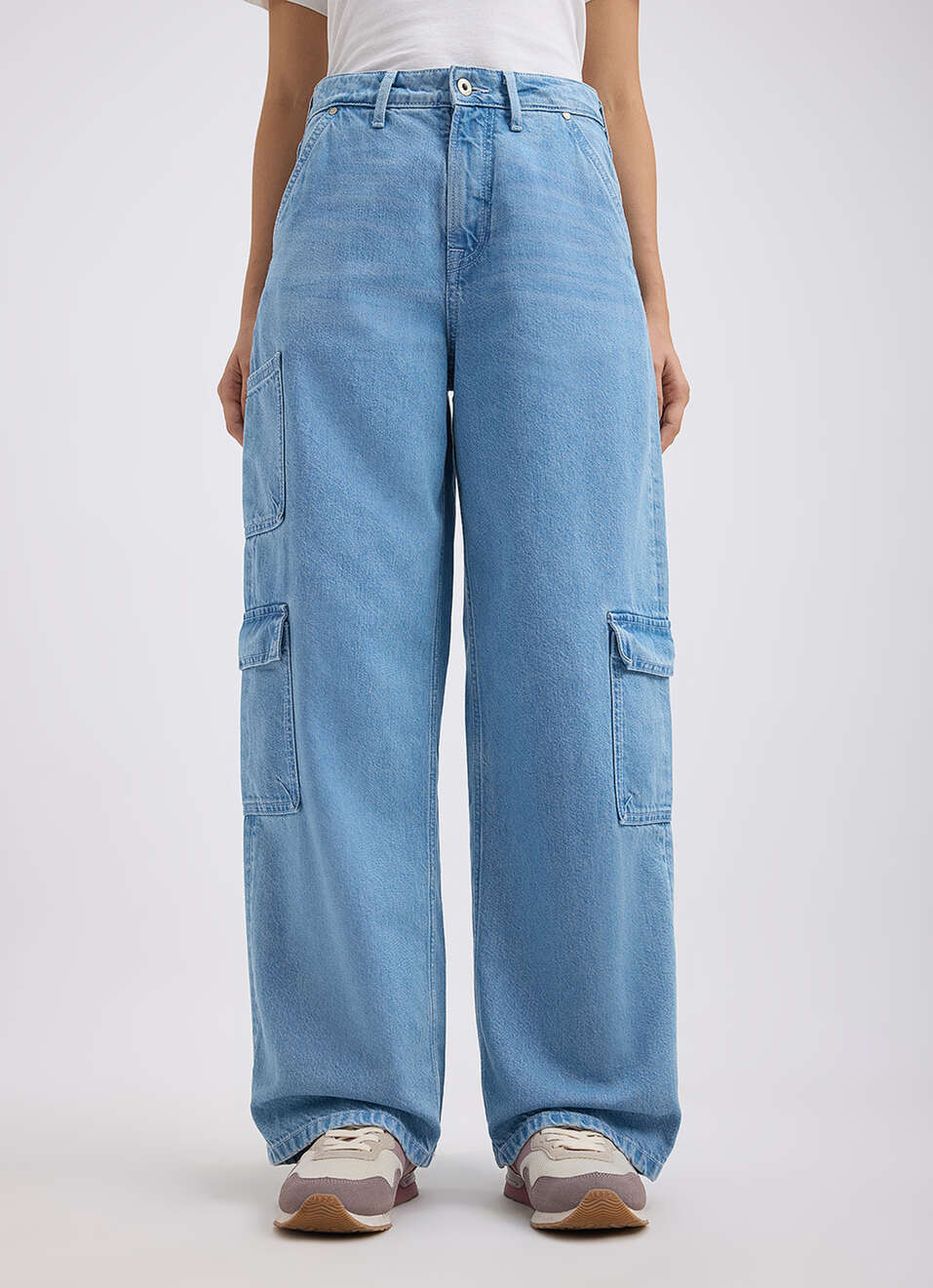 Women Blue Straight Fit High Rise Cargo Jeans, , large image number 1