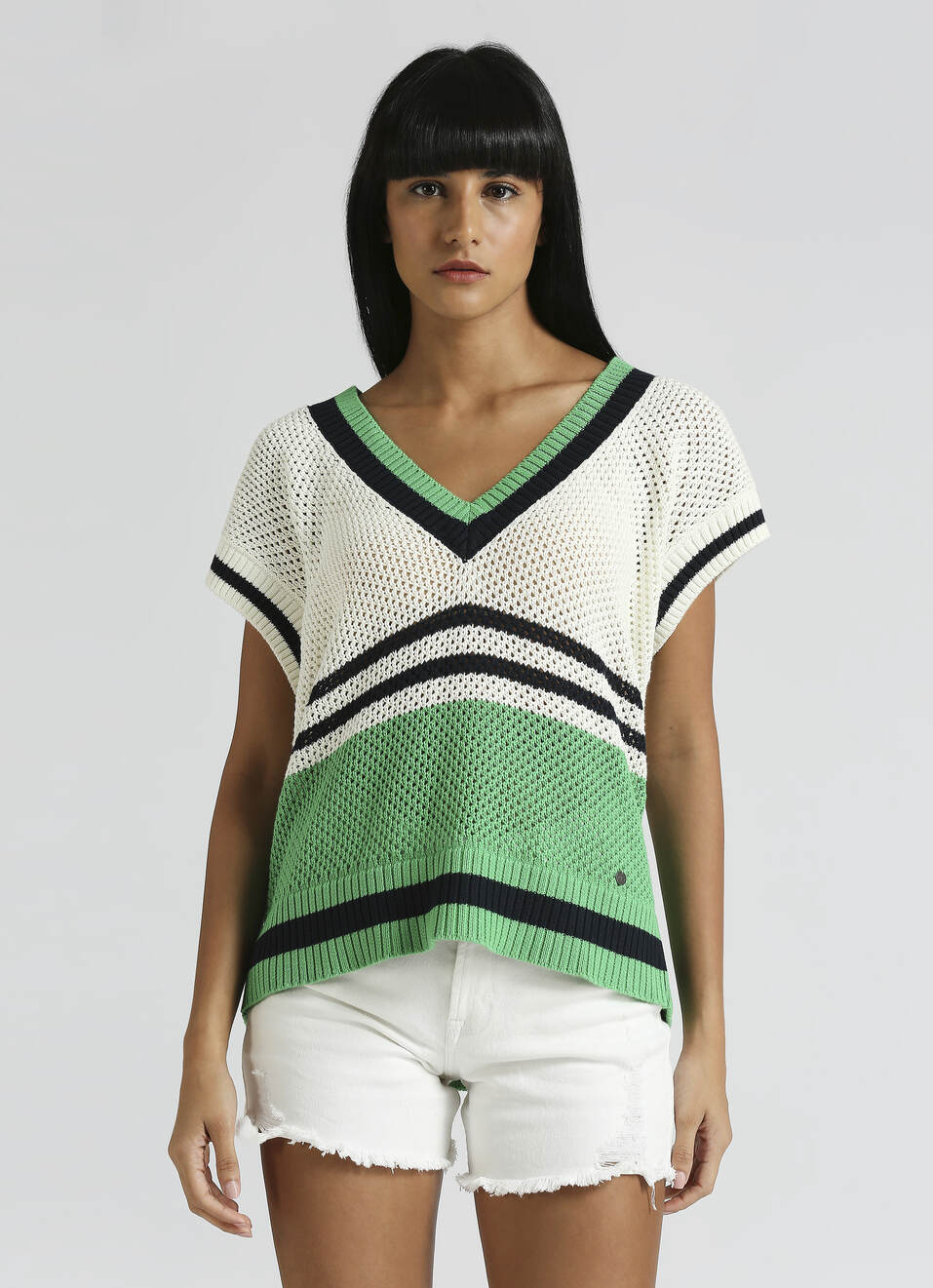 Green Oversized Self-Design Sleeveless Knitted Varsity Vest, , large image number 1