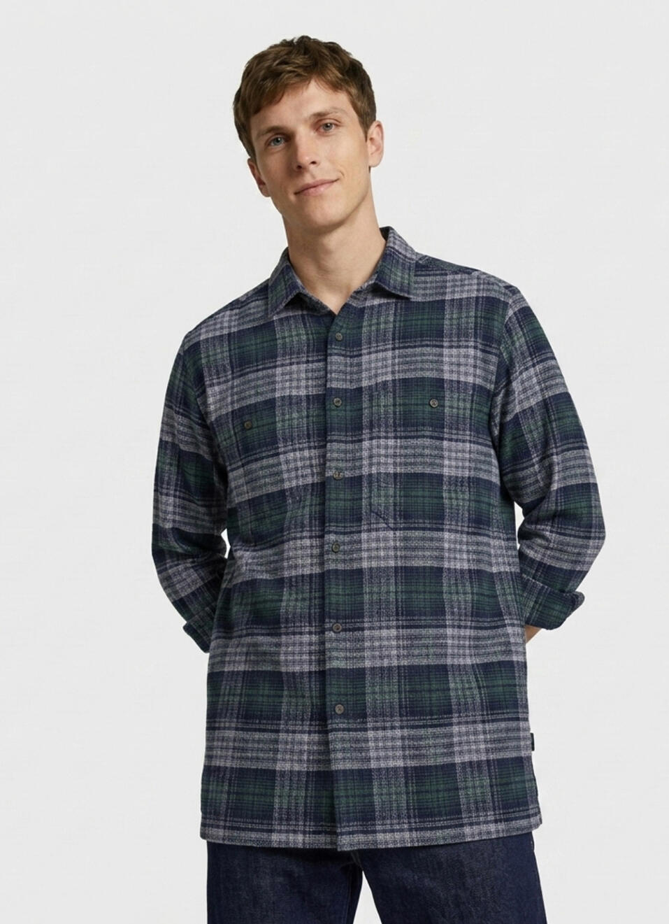Men Navy Checked Brushed Long Sleeve Shirt, , large image number 1