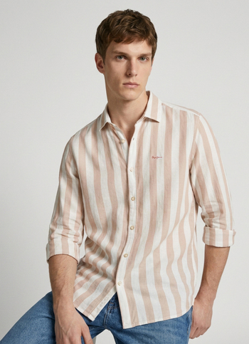 Men Peach Striped Dobby Long Sleeve Shirt