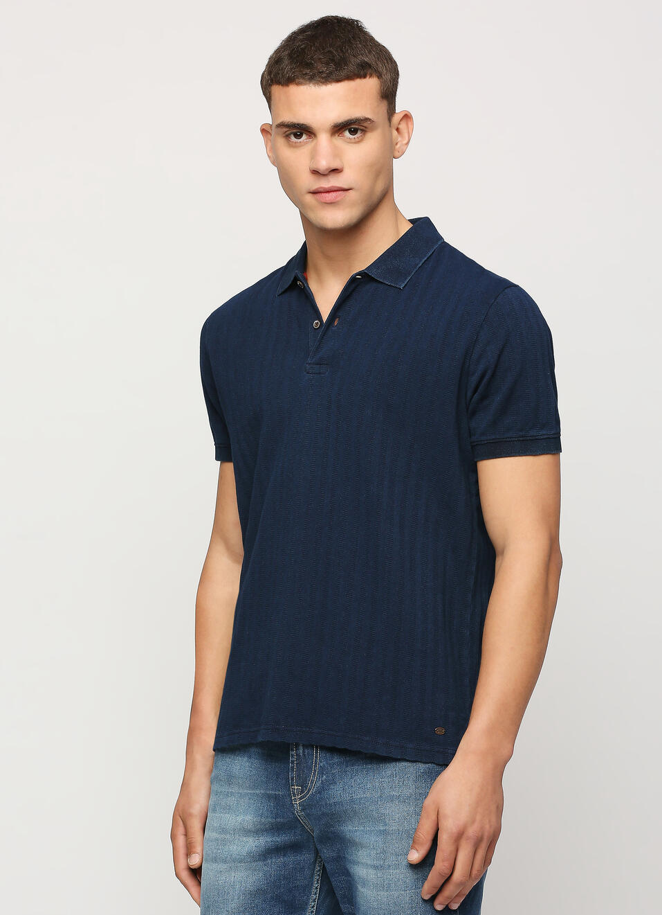 Blue Ribbed Neck Short Sleeve Polo, , large image number 3