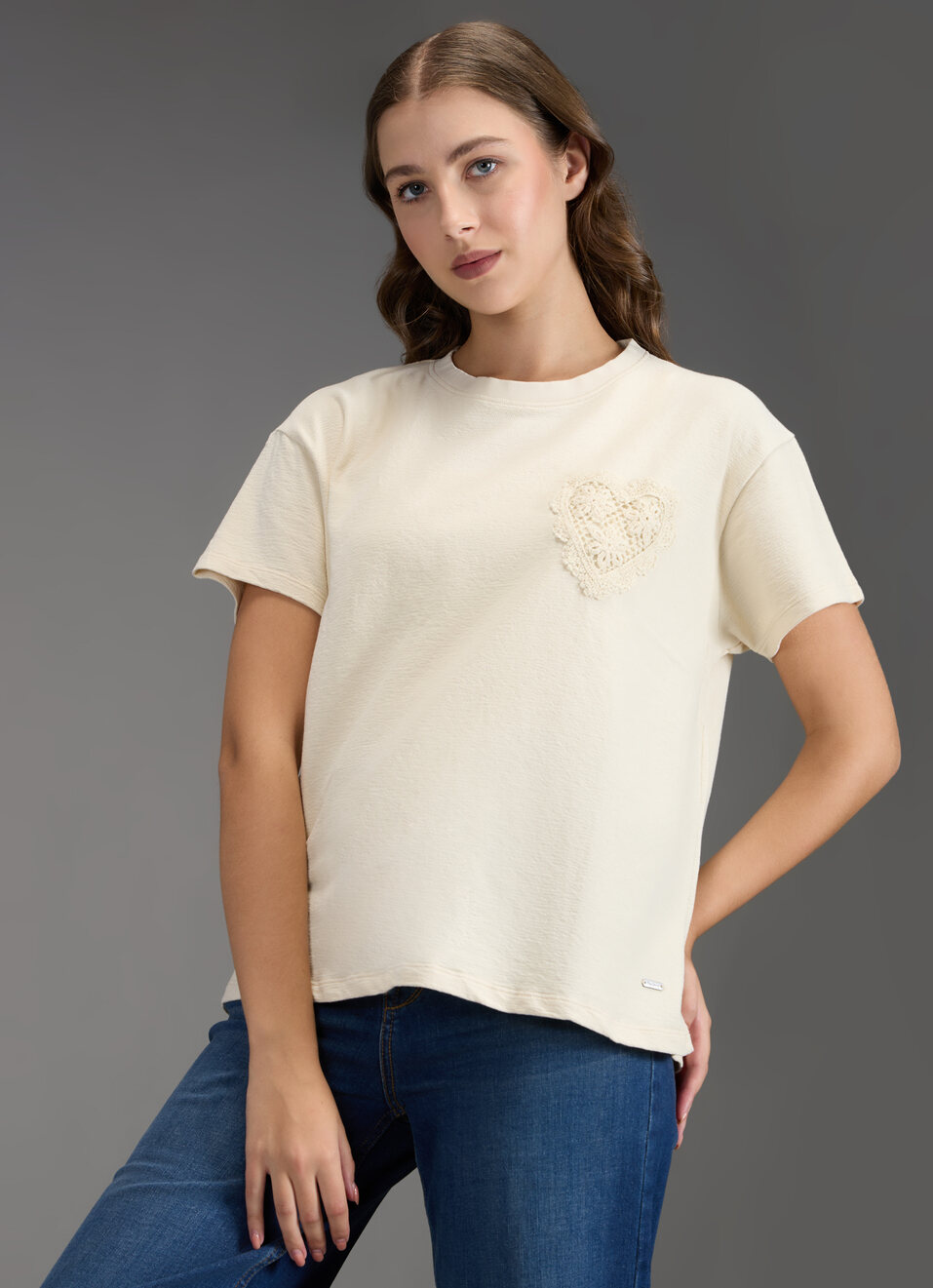 Women Beige Embroidered Comfort Fit T-shirt, , large image number 7