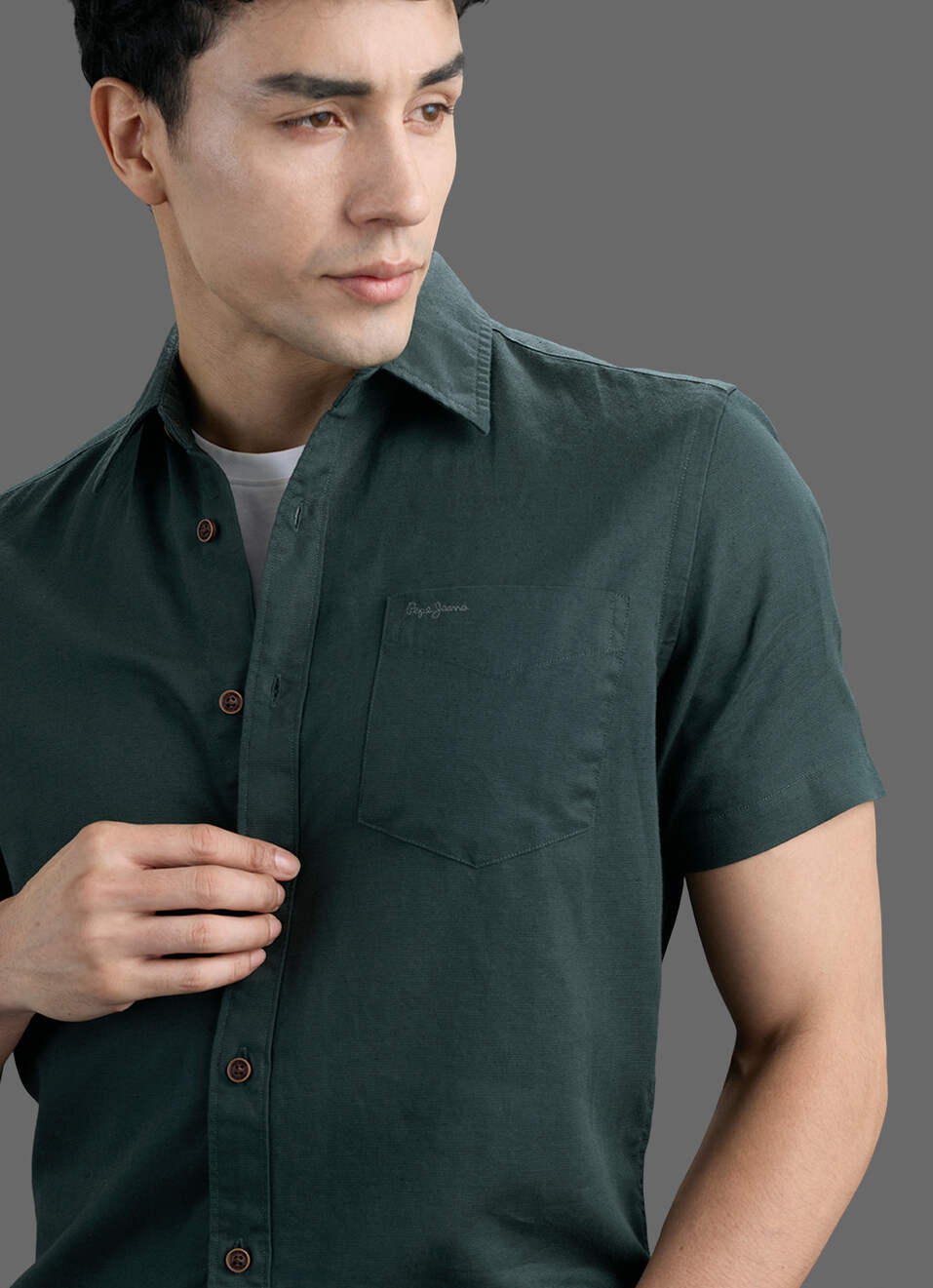 Men Dark Green Solid Cotton Linen Shirt, , large image number 4