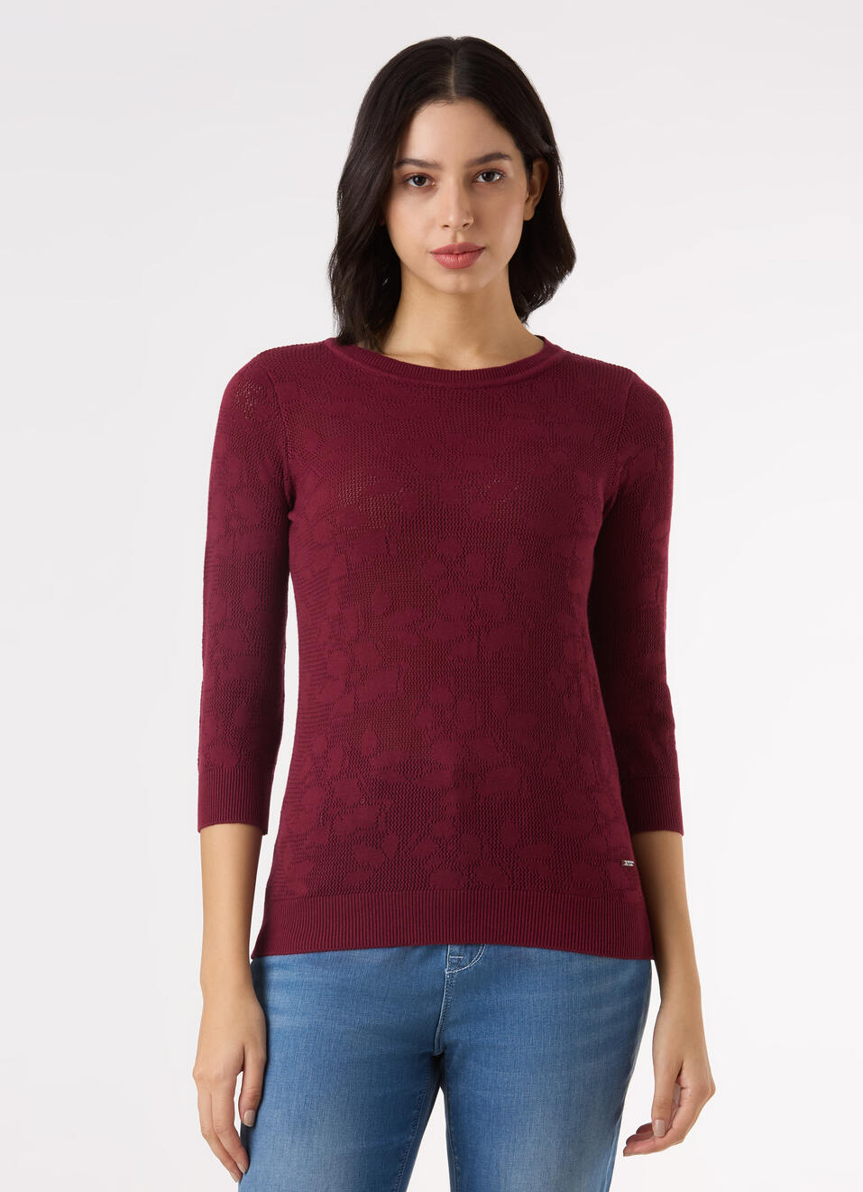 Women Red Jacquard Textured With 3/4 Sleeve Flat Knit, , large image number 1