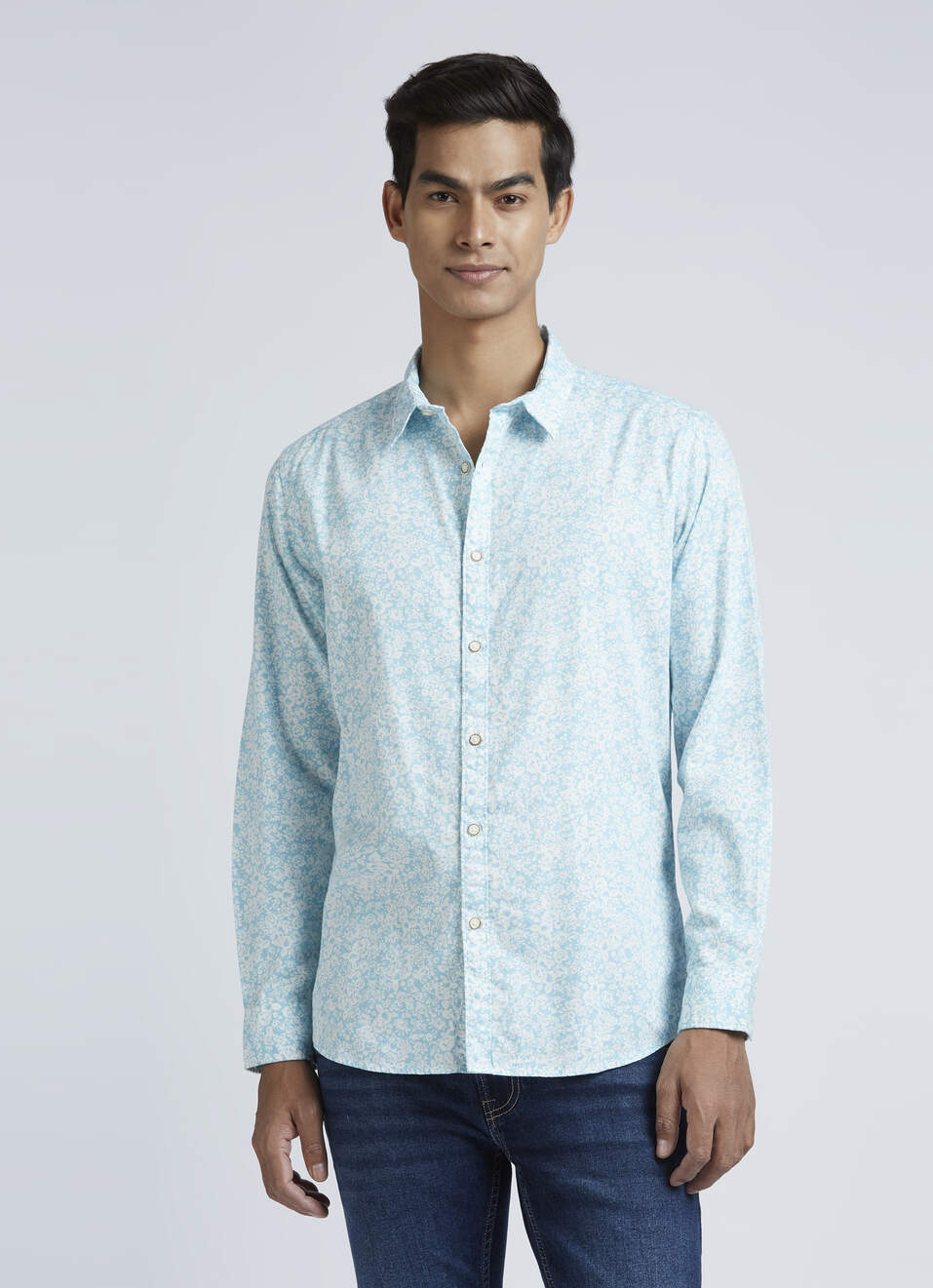 Blue Floral Print Full Sleeve Shirt, , large image number 0