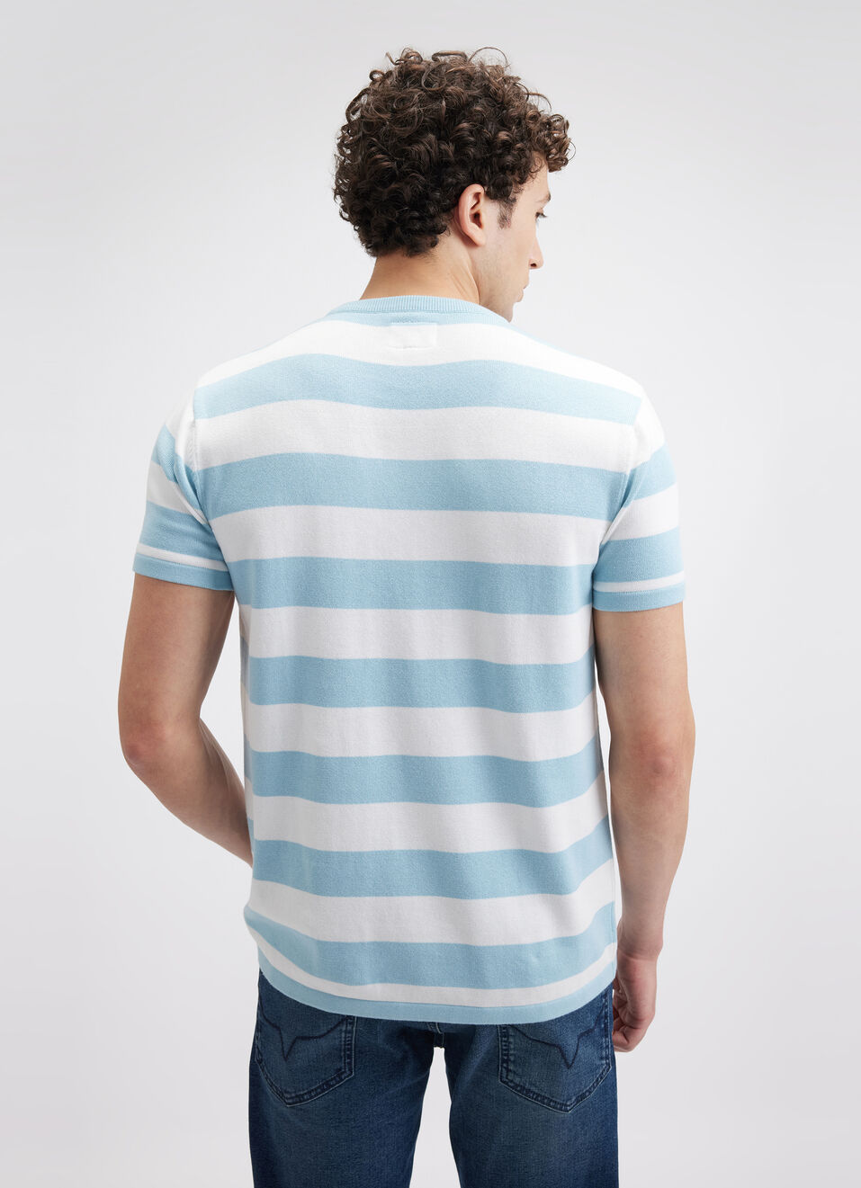 Men Blue Stripe Short Sleeve Flat Knit Polo, , large image number 1