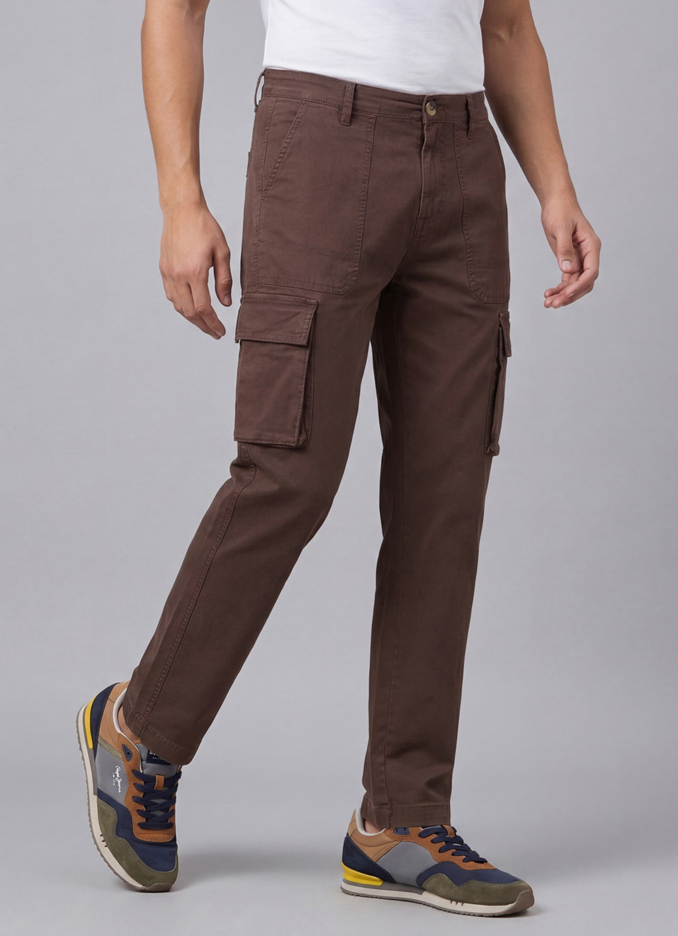 Men  Brown Overdyed Mid Rise Utility Stretch Cargo Pants, , large image number 0