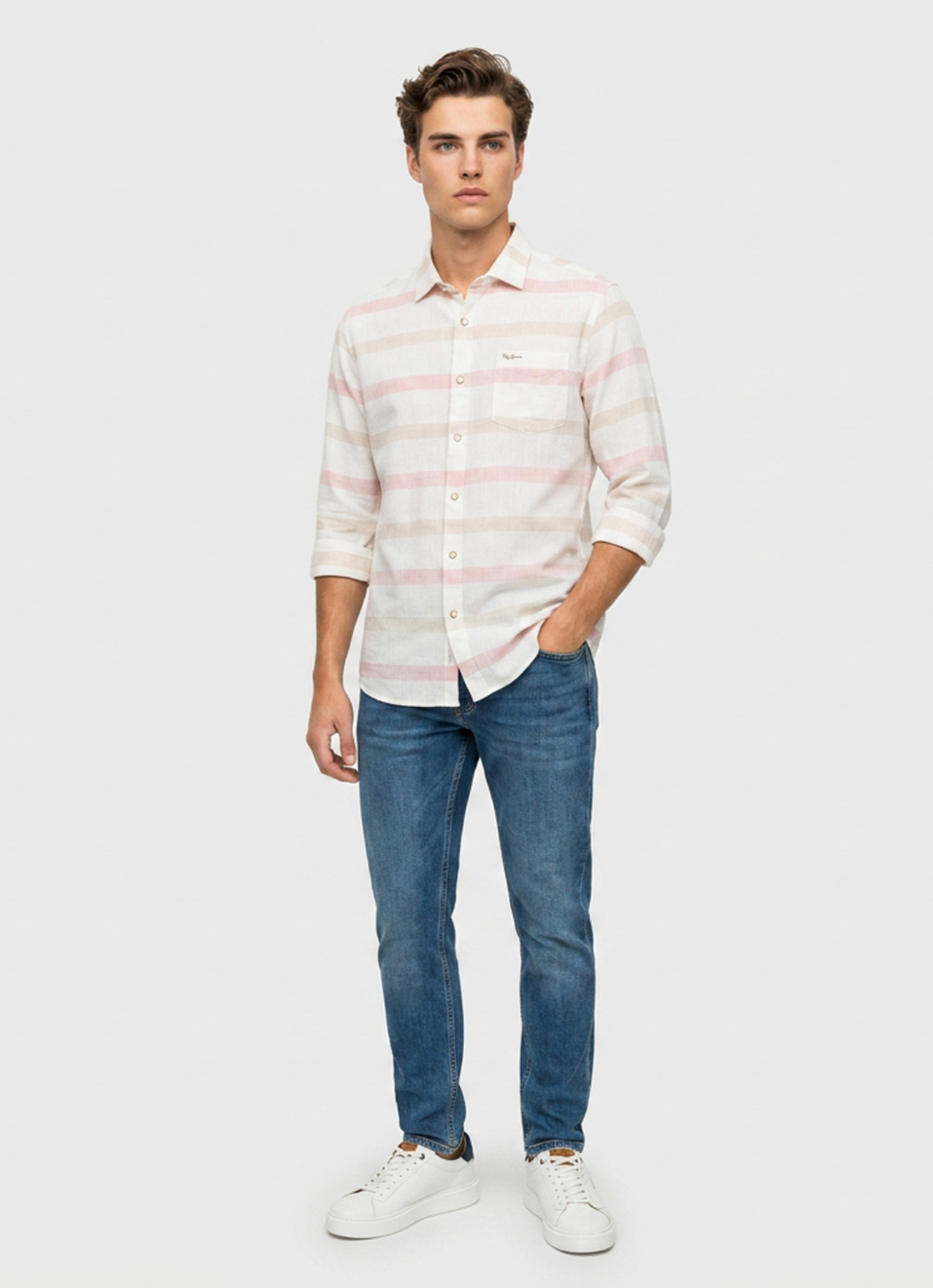 Men Peach Striped Long Sleeve Shirt, , large image number 5