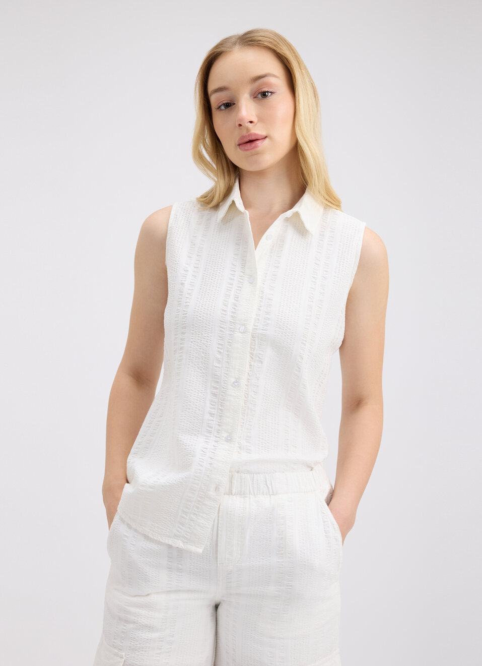 Women White Sleeveless Seersucker Shirt, , large image number 0