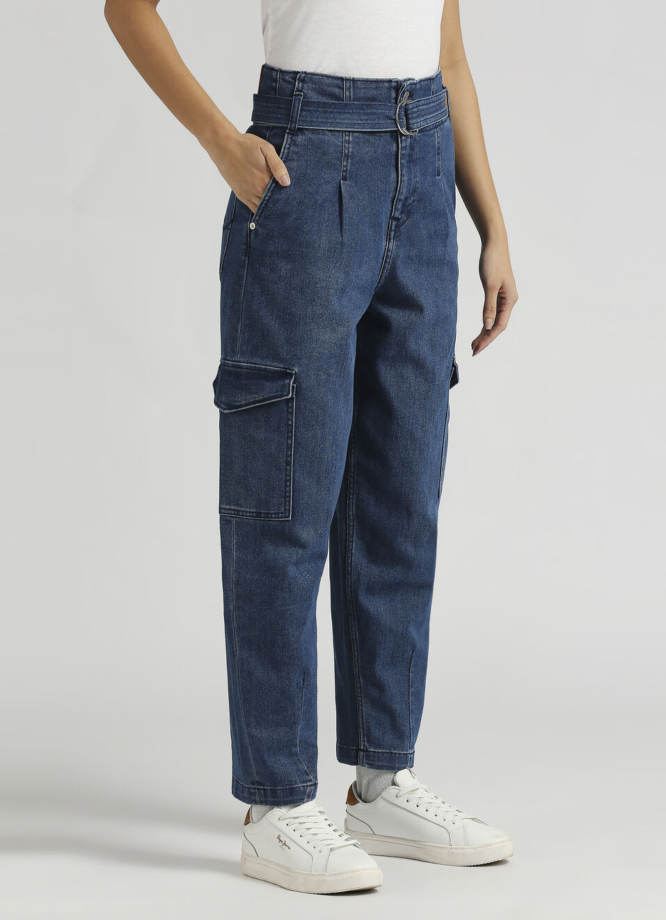 Blue High Waist Tapered Fit Utility Cargo Jeans, , large image number 3