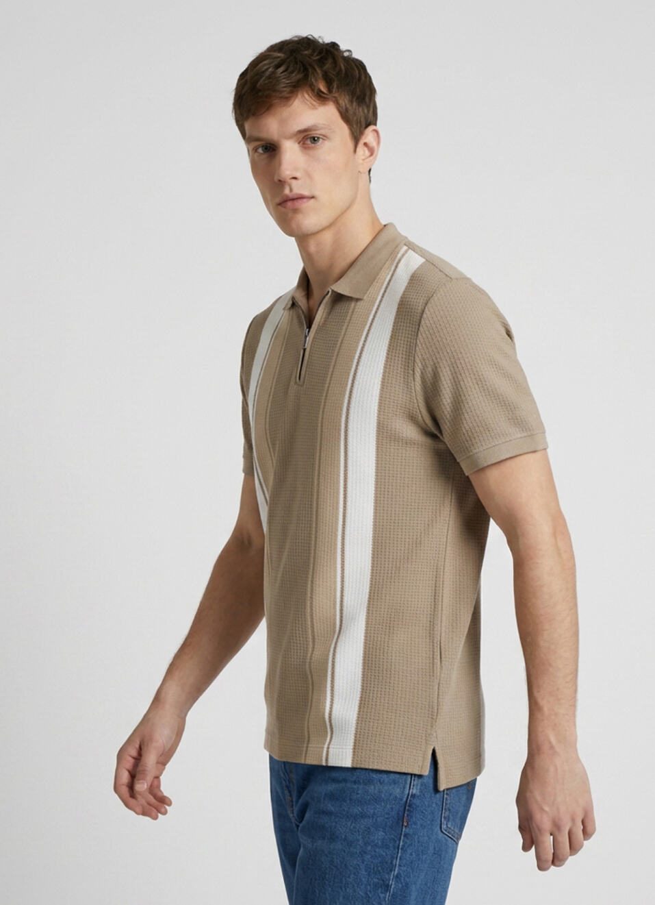 Men Khaki Striped Polo Collar T-shirt, , large image number 3