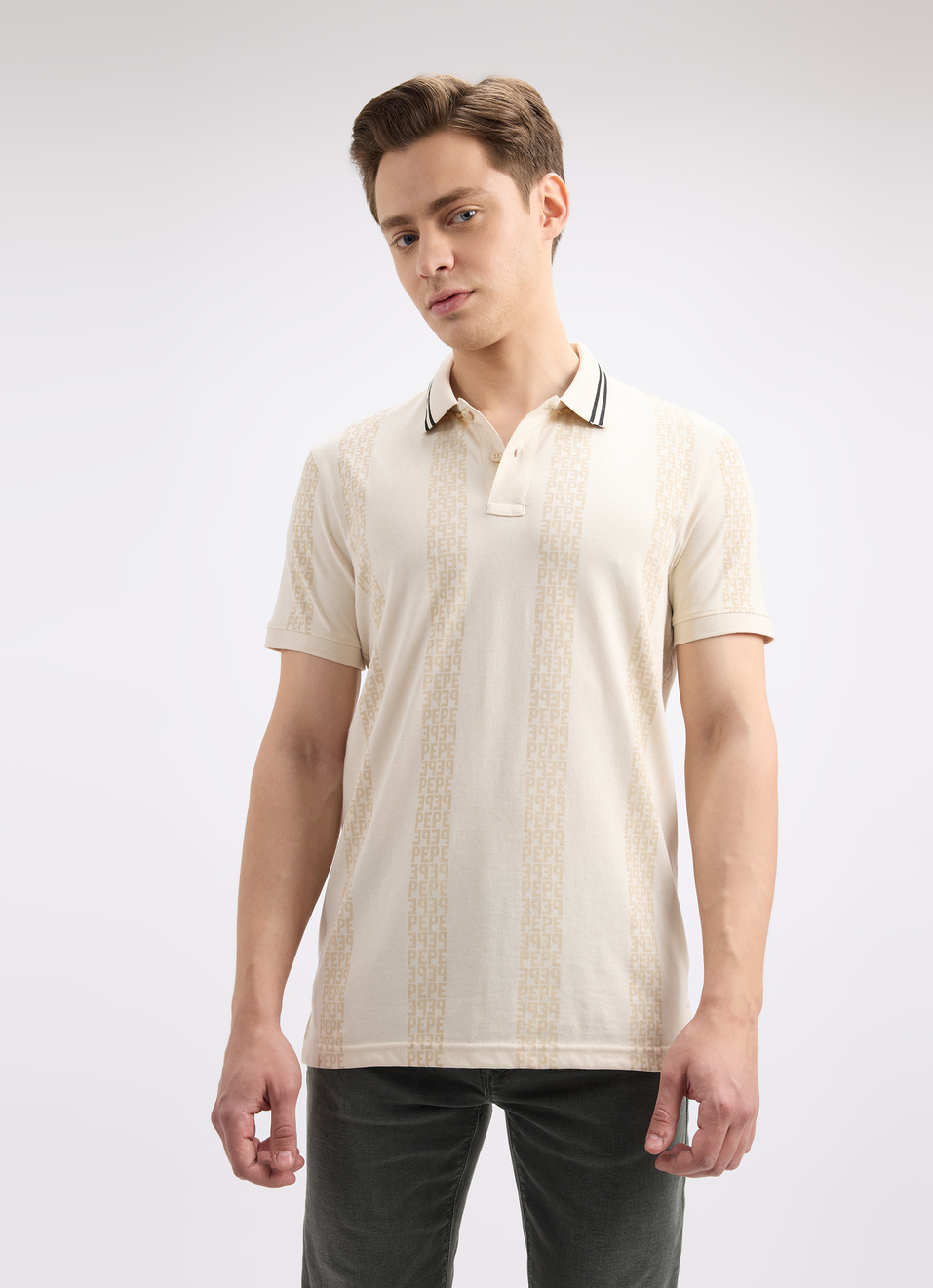 Men Ivory White Graphic Print Short Sleeve Polo, , large image number 1
