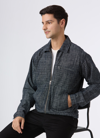 Men Black Textured Zip Up Trucker Jacket