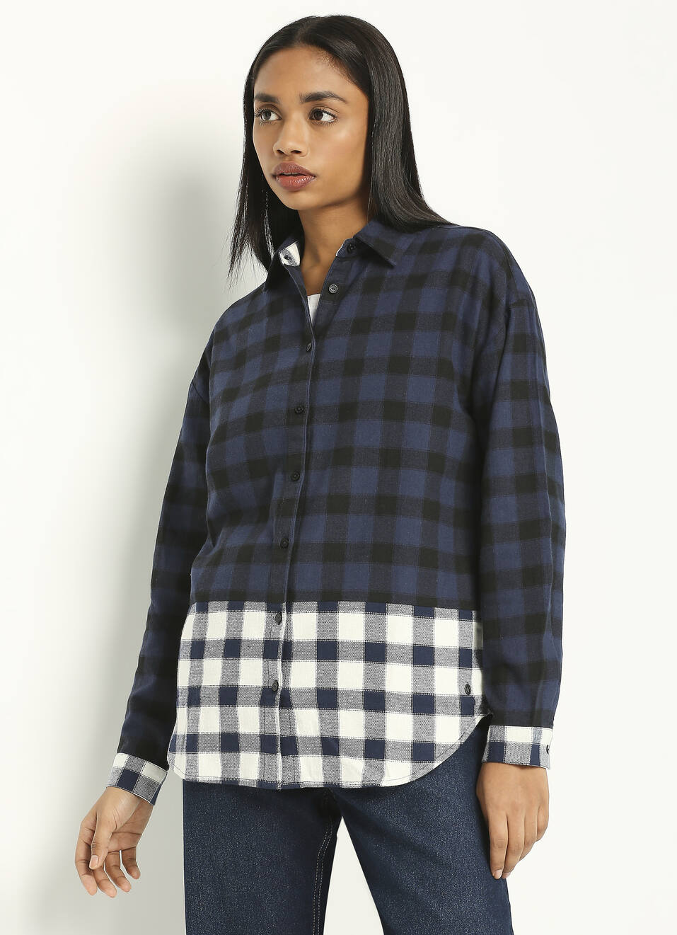 Navy Checks Colour Block Long Sleeve Shirt, , large image number 7