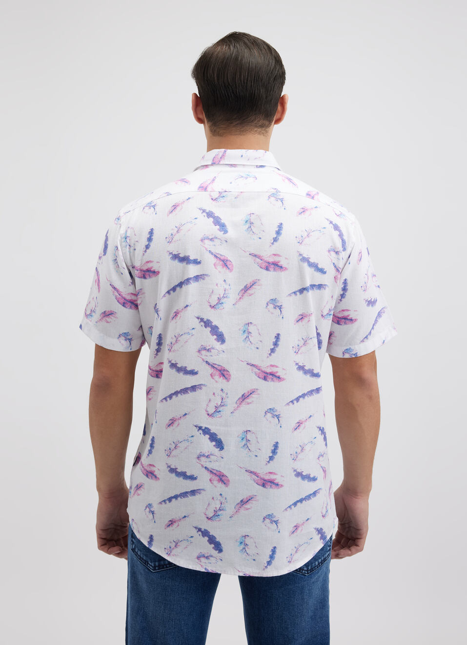 Men Purple Feather Print Short Sleeve Shirt, , large image number 2