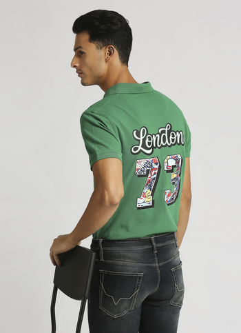 Green Back Print Trendy Short Sleeve Pique Polo