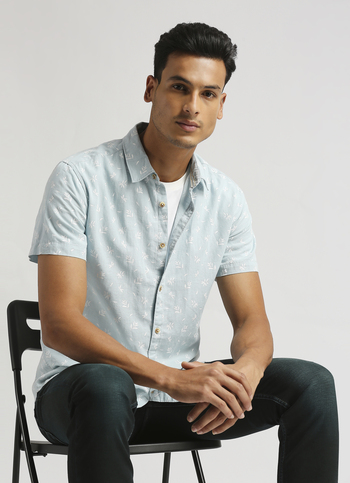 Blue All Over Printed Linen Short Sleeve Shirt