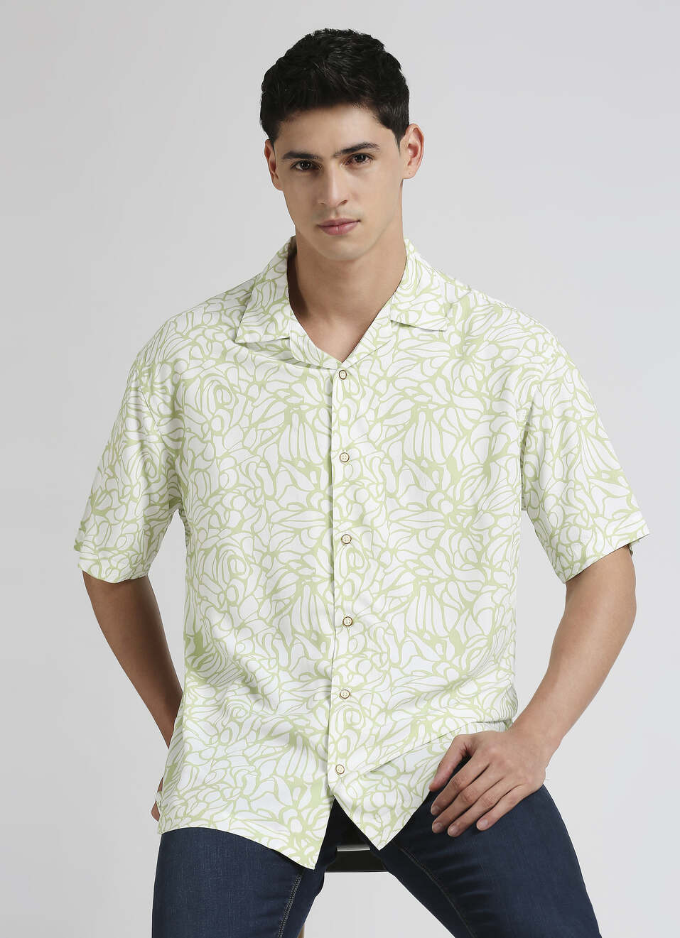 Mint All Over Print Resort Collar Trendy Short Sleeve Shirt, , large image number 0