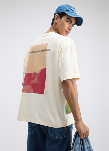Men White Back Print Short Sleeve Oversized T-shirt