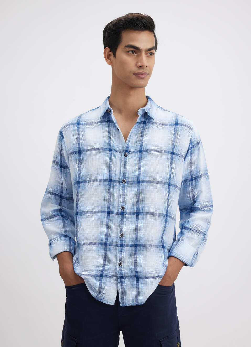 Men Blue Check Full Sleeve Shirt, , large image number 1
