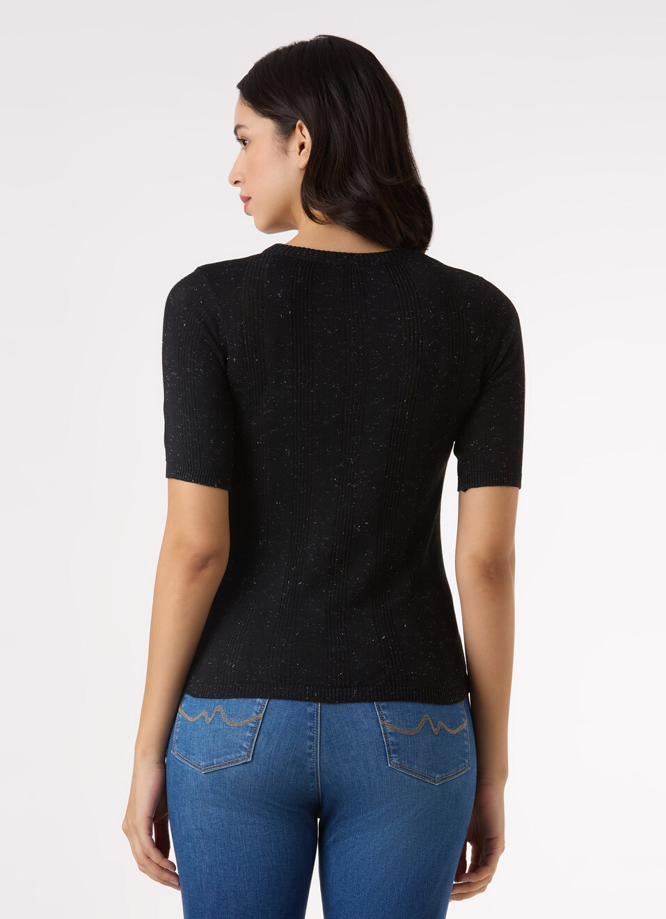 Women Black Textured Regular Half Sleeve Top, , large image number 2