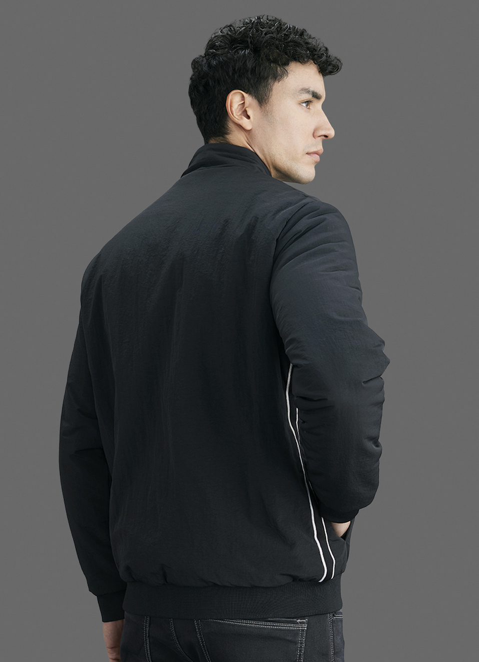 Men Black Solid High Neck Long Sleeve Jacket, , large image number 6