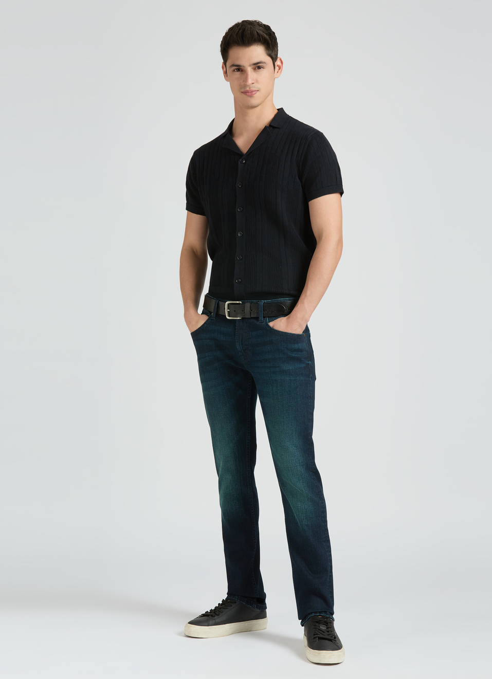Black Resort Collar Short Sleeve Flat Knit Shirt, , large image number 5