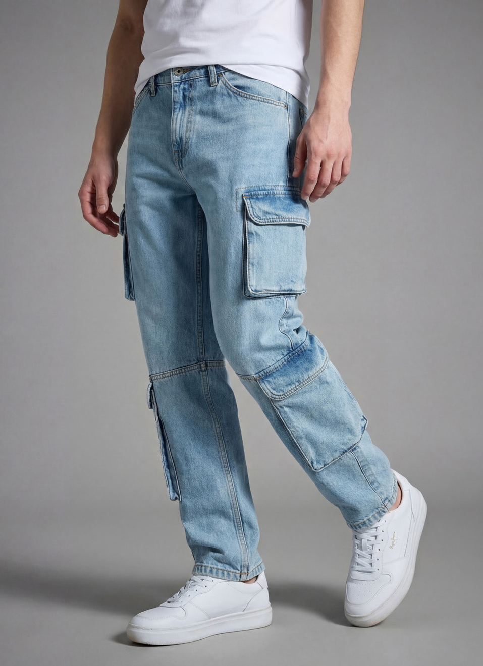 Men Blue Straight Fit Mid Rise Cargo Jeans, , large image number 0