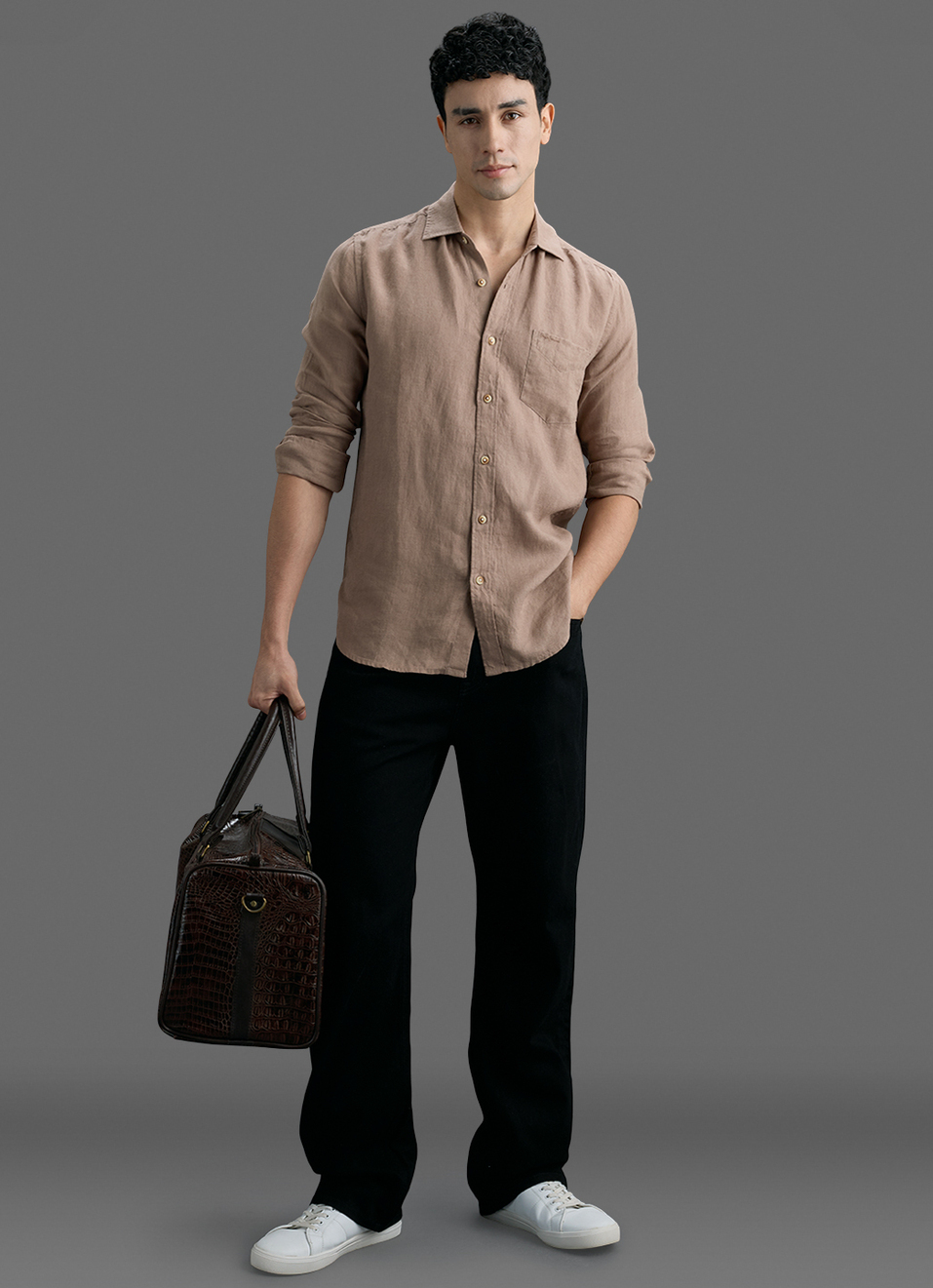Men Brown Solid Pure Linen Long Sleeve Shirt, , large image number 2
