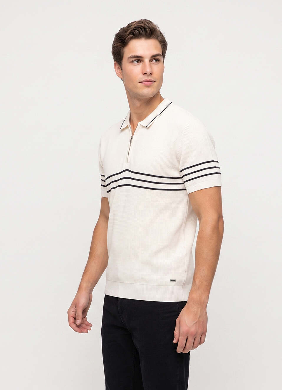 Men White Striped Flat Knit Polo Collar T-shirt, , large image number 3