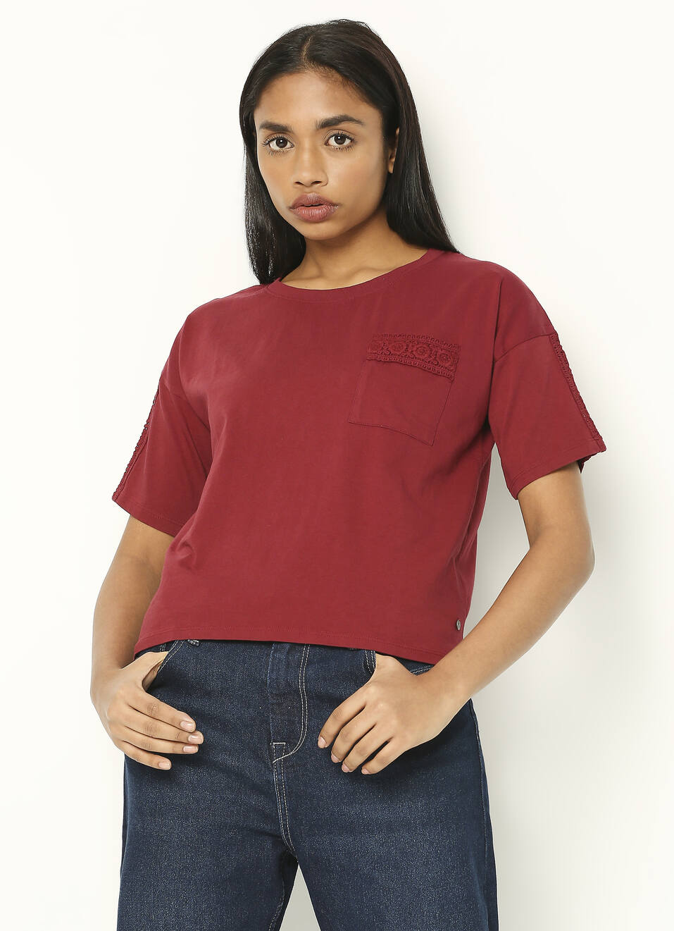 Burgundy Round Neck Short Sleeve T-shirt, , large image number 0