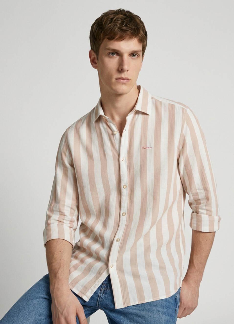 Men Peach Striped Dobby Long Sleeve Shirt, , large image number 0