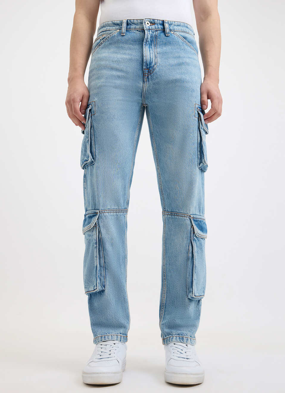 Men Blue Straight Fit Mid Rise Cargo Jeans, , large image number 2