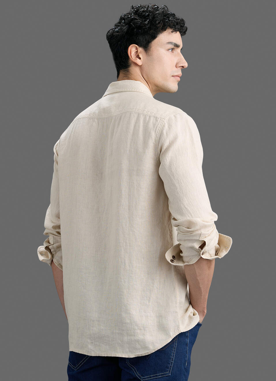 Men Beige Solid Pure Linen Safari Long Sleeve Shirt, , large image number 6