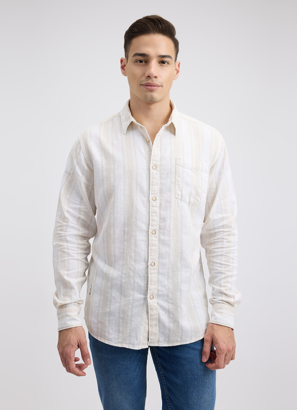 Men Beige Stripe Full Sleeve Shirt, , large image number 1