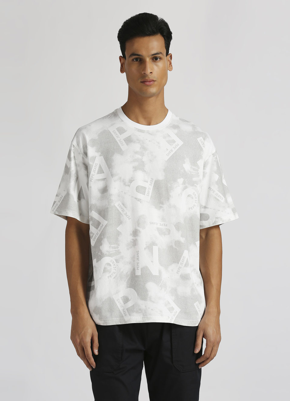 Light Grey Typographic Print Short Sleeve Oversized T-shirt, , large image number 1