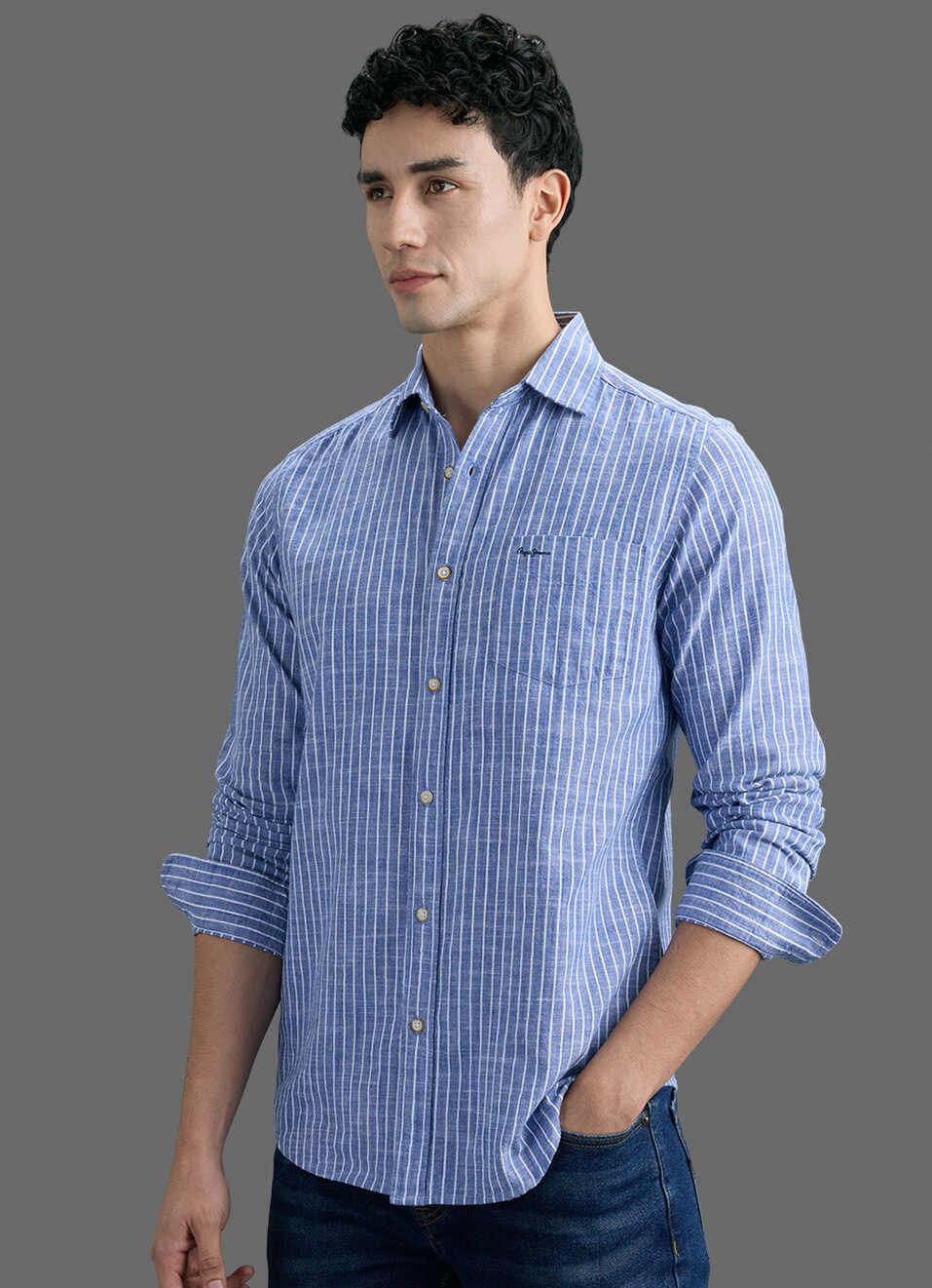 Men Blue Striped Long Sleeve Shirt, , large image number 7