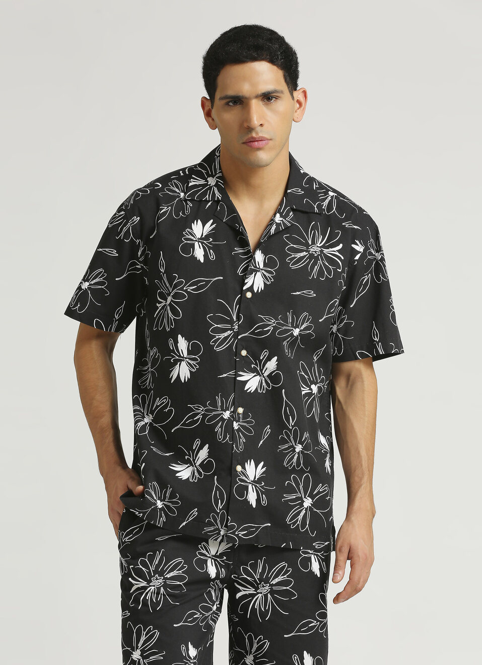 Black All Over Print Resort Collar Shirt, , large image number 0