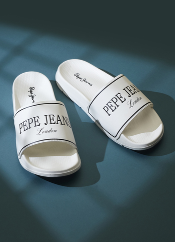 Men White Logo Print Anti Skid Sliders
