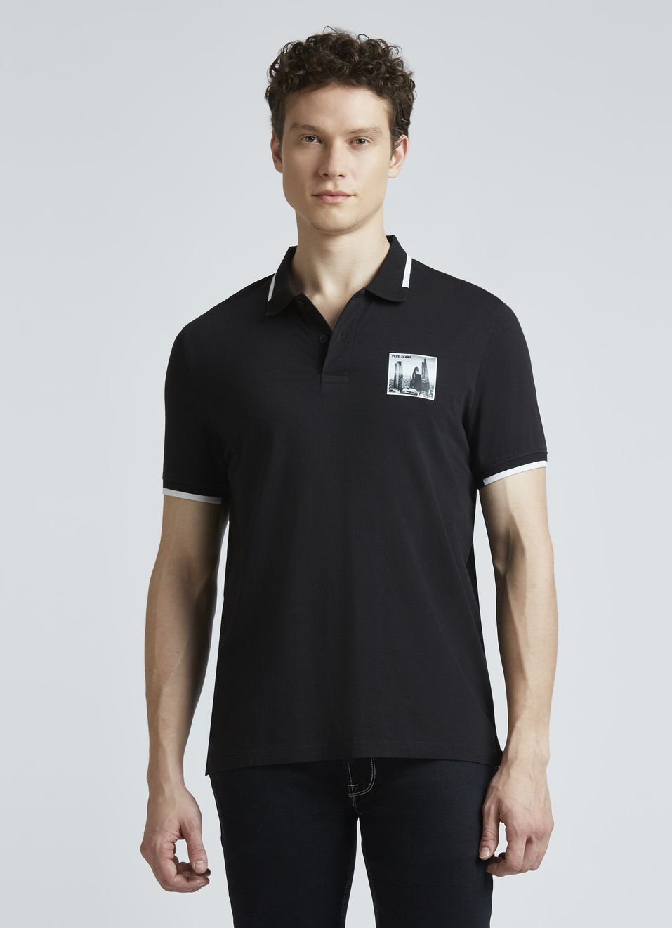 Black Graphic Print Short Sleeve Polo, , large image number 1