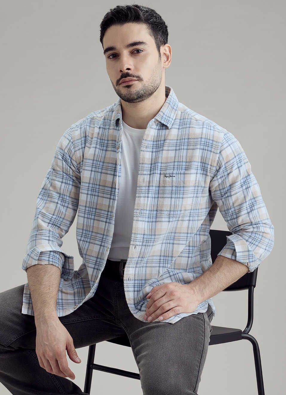 Men Blue Checked Corduroy Long Sleeve Shirt, , large image number 0