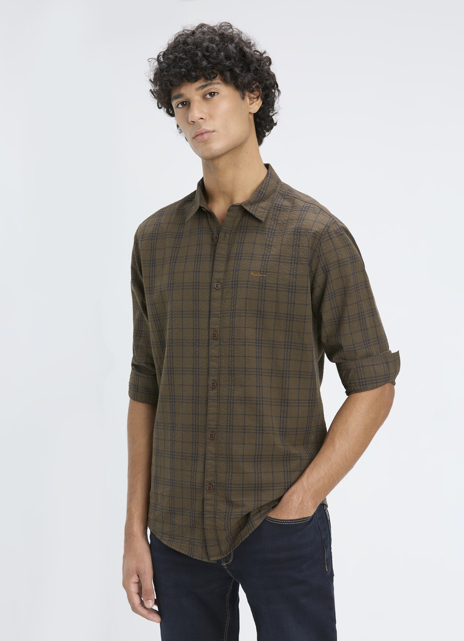 Men Brown Check Regular Fit Full Sleeve Shirt, , large image number 0